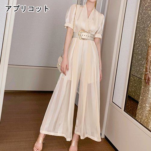 【取寄】パーティードレス パンツ 韓国 かっこいい 大きいサイズ セットアップ レディース オールインワン パンツスーツ フォーマル 大きいサイズ 披露宴 二次会 20代 30代 40代 ワイドパンツ シースルー 半袖 Vネック ベルト おしゃれ きれいめ オトナ可愛い エレガント