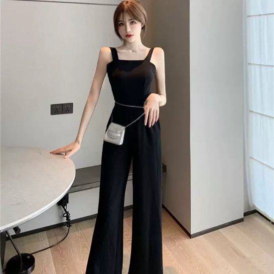 【取寄】サロペット オーバーオール オールインワン 大きいサイズ 体形カバー レディース 春夏服 新作 パンツ ロング丈 無地 サロペットパンツ ワイドパンツ シンプル ボトムス シンプル 足長効果 オルチャン 楽ちん 大人可愛い お出かけ デート ポリエステル ブラック S M L