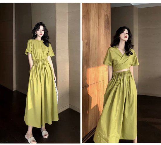 【取寄】ワンピース レディース 夏 半袖 きれいめ ミモレ丈 ロング Aライン 2Way 結婚式ドレス 大きいサイズ パーティードレス 体型カバー お呼ばれドレス 20代 30代 40代 フェミニン ガーリー おしゃれ オトナ女子 デイリー お出かけ 韓国 リゾート 海外 グリーン オレンジ