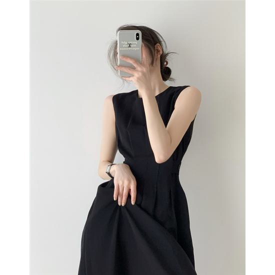 Rakuten - 【取寄】ロングワンピース レディース きれいめ ノースリーブワンピース ノースリーブ 夏 夏服 ロングスカート 大きいサイズXL 小さいサイズ XS Aラインスカート ハイウエスト プリオーバー 無地 ラウンドネック おしゃれ ブラックドレス フォーマル タンクトップ シンプル