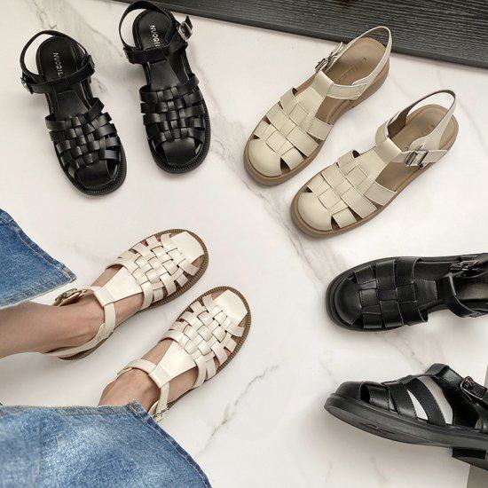 【取寄】サンダル レディース ぺたんこ フラットシューズ 歩きやすい フラットサンダル アンクルストラップ ラウンドトゥ 履きやすい 痛くない ラクチン かわいい 大人可愛い カジュアル 編み目 おしゃれ こなれ感 ホワイト ブラック 22.5cm 大きいサイズ 24.5cm 2cmヒール