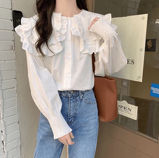 【取寄】ブラウス レディース 長袖 フォーマル ビックカラー トップス シャツ フリルブラウス 春夏 フェミニン ガーリー おしゃれ オトナ女子 きれいめ デイリー お出かけ 韓国 通勤 通学 女子会 デート ショッピング 可愛い 襟付き 大きいサイズ 20代 30代 40代 ホワイトのサムネイル