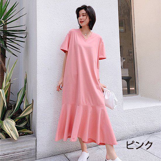 【取寄】ワンピース レディース 半袖 きれいめ ロング丈 大きいサイズ ゆったり 夏 裾フリル Vネック マキシ 半袖 レディース ロングワンピース フェミニン ガーリー おしゃれ オトナ女子 きれいめ カジュアル デイリー お出かけ 20代 30代 40代 ピンク イエロー ブラック