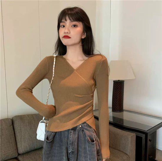 V-Neck - 【取寄】ニット レディース 春 長袖 Vネック セーター トップス スリム フィット 無地 クロス プルオーバー シンプル カジュアル エレガント おしゃれ フェミニン ガーリー オトナ女子 普段着 きれいめ デイリー お出かけ 韓国 通勤 通学 20代 30代 40代 着回し カラバリ豊富