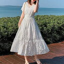 【取寄】ワンピース ロングワンピース マキシ丈ワンピース 大きいサイズ 体形カバー レディース 春夏服 新作 レース 刺繍 リゾート 半袖 Vネック ミモレ丈 清楚 無地 清楚 大人スタイル スプリングウェア シースルー 海辺 休暇 旅行 スリム シンプル 上品 ホワイト S M L XL