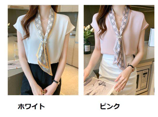 【取寄】ボウタイ シフォンブラウス スカーフ風 レディース 春 夏 きれいめ 半袖 半袖ブラウス シフォン 薄手 Vネック ゆったり 大きいサイズ オシャレ 大人かわいい 上品 フェミニン OL 会社 オフィスカジュアル 通勤 デート おでかけ 高見え ホワイト ピンク S M L XL 2XL