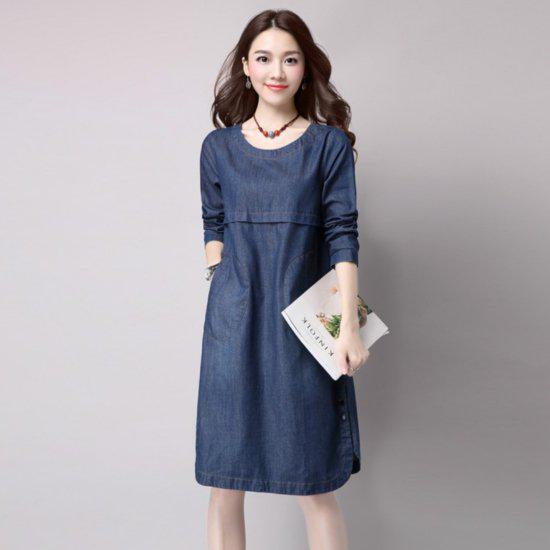 【取寄】長袖ワンピース ひざ丈ワンピース デニムワンピース 大きいサイズ ゆったりサイズ 体形カバー レディース 春秋服 新作 ラージサイズ デニム シンプル カジュアル ミディアム丈 脚長 ポケット コットン お出かけ 個性 ガーリー オルチャン ブルー M L XL 2XL 3XL