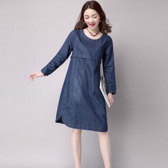 【取寄】長袖ワンピース ひざ丈ワンピース デニムワンピース 大きいサイズ ゆったりサイズ 体形カバー レディース 春秋服 新作 ラージサイズ デニム シンプル カジュアル ミディアム丈 脚長 ポケット コットン お出かけ 個性 ガーリー オルチャン ブルー M L XL 2XL 3XL