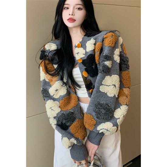 【取寄】カーディガン ボア レディース 防寒 暖かい 厚手 アウター 秋 冬 羽織 長袖 通勤 通学 ノーカラー もこもこ ふんわり ジャケット カーデ かわいい カジュアル 新作 おしゃれ ブルゾン ショート丈 上着 体型カバー 柄 服 ゆったり ビッグシルエット ブラック グレー