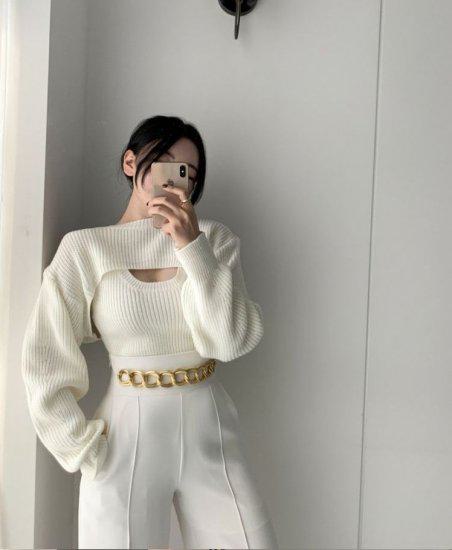 【取寄】ニット レディース 秋冬 春 セットアップ ツーピース セーター ニット パンツ トップス ボトムス 2点セット 上下セット 長袖 ワンサイズ プルオーバー ブラック ホワイト カットアウト リブ Uネック チェーン セクシー デザイン ストリート カジュアル 他と被らない