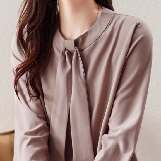 Long-Sleeved - 【取寄】シャツ レディース 長袖 袖あり トップス シンプル 無地 ボウタイ タイ ラウンドネック 丸首 プルオーバー ピンク ブラウン 大きなサイズ XL 通勤 通学 学生 オフィス OL フェミニン きれいめ エレガント 上品 おしゃれ かわいい デート 女子会 10代 20代 30代 40代