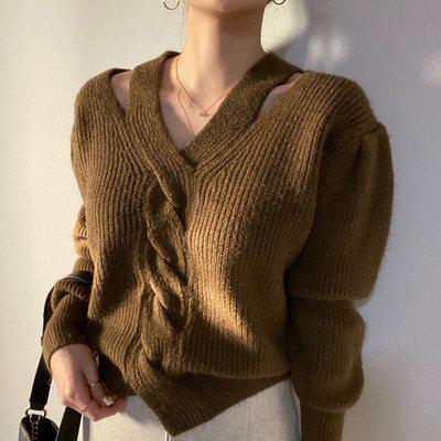 V-Neck - 【取寄】セーター レディース 秋冬 ニット リブニット リブ ブラック ブラウン 長袖 袖あり 無地 Vネック ワンサイズ レトロ カジュアル カジュアルスタイル デイリー ゆったり ルーズファッション クロス 春 デコルテ 編み込み おしゃれ シンプル 大人女子 他と被らない