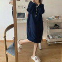 【取寄】ルームウェア 冬 レディース ワンピース 可愛い女の子 ゆったり ネグリジェ ナイトウェア 秋 春 長袖 無地 ネイビー 丸首 レース ワンサイズ 部屋...