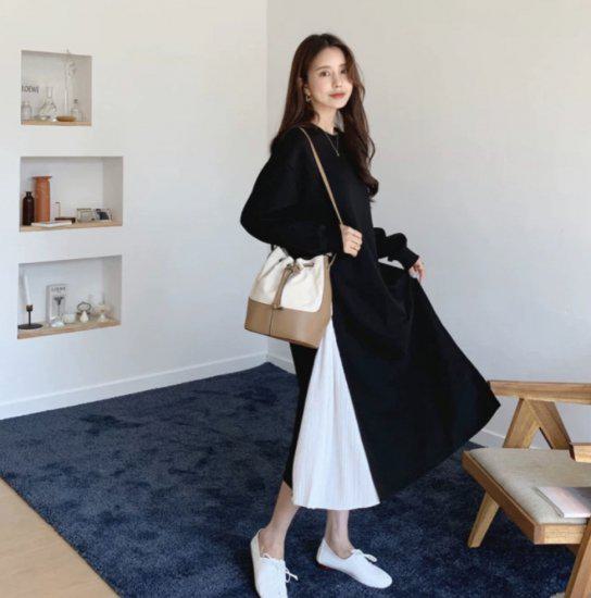 【取寄】ワンピース 秋冬 サイドプリーツ 長袖 レディース プリーツ ロング丈 ラウンドネック 切り替え ミモレ丈 ベルト付き かわいい 袖あり 袖付き カジュアル 異素材 春 秋 冬 ナチュラル ストレッチあり ゆったり Aライン 大人 上品 ミディアム 体型カバー お出かけ