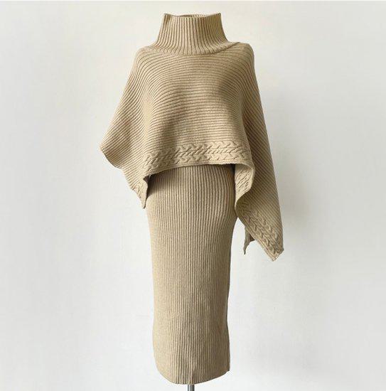 【取寄】セットアップ ポンチョ タイトスカート レディース タートルネック ケープ ニット スカート 2点セット ポリエステル スリット ニット ミモレ丈 トップス フォーマル シンプル 無地 おしゃれ きれいめ 上品 可愛い セクシー パーティー お呼ばれ ベージュ ブラック