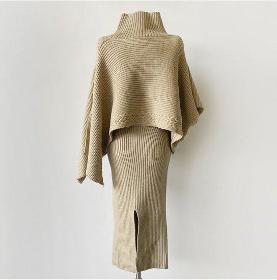 【取寄】セットアップ ポンチョ タイトスカート レディース タートルネック ケープ ニット スカート 2点セット ポリエステル スリット ニット ミモレ丈 トップス フォーマル シンプル 無地 おしゃれ きれいめ 上品 可愛い セクシー パーティー お呼ばれ ベージュ ブラック