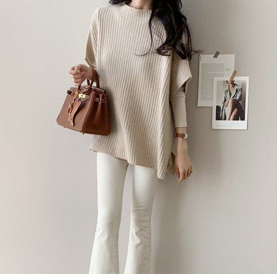 【取寄】ニット ベスト ハイネック セーター 秋冬 ゆったり 体型カバー 重ね着 レイヤード 大人女子 綺..