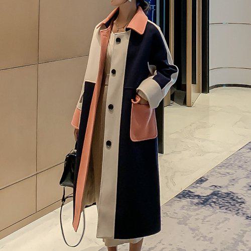 Turn-Down Collar Coat - 【取寄】コート レディース ロング丈 秋冬新作 ステンカラーコート 配色 エレガント アウター 韓国 ファッション 秋 春 大きいサイズ 定番 羽織り 大人女子 綺麗め 上品 フェミニン 通勤 オフィス OL おしゃれ お出かけ デート デイリー 高級感 高見え 結婚式 二次会 大人 S