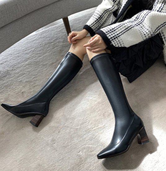 【取寄】ロングブーツ レディース ロング ブーツ 黒 大きいサイズ ハイヒール スクエアトゥ 太めヒール チャンキーヒール 美脚 おしゃれ 歩きやすい 秋新作 防寒 カジュアル 可愛い PU シューズ 靴 大人女子 上品 綺麗め 通勤 OL オフィス 高級感 お出かけ デート デイリー