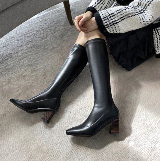【取寄】ロングブーツ レディース ロング ブーツ 黒 大きいサイズ ハイヒール スクエアトゥ 太めヒール チャンキーヒール 美脚 おしゃれ 歩きやすい 秋新作 防寒 カジュアル 可愛い PU シューズ 靴 大人女子 上品 綺麗め 通勤 OL オフィス 高級感 お出かけ デート デイリー