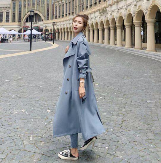 【取寄】トレンチコート レディース ロング ロングトレンチコート 大きいサイズ 秋 ロング丈 上着 スプリングコート アウター 超ロング マキシ カジュアル 無地 秋冬 きれいめ コート ロングコート ジャケット 羽織 通勤 オフィス おしゃれ 可愛い シンプル Aライン ブルー