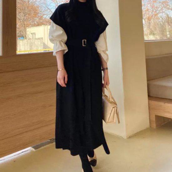 【取寄】ロングワンピース 2点セット セット ロング ワンピース ロング丈 黒ワンピース ツーピースワンピース ツーピース 秋 ニットワンピース 冬 ボリューム袖ブラウス ボリューム袖 ブラウス 秋新作 ふんわり きれいめ 大人かわいい 女子会 デート ピクチャーカラー