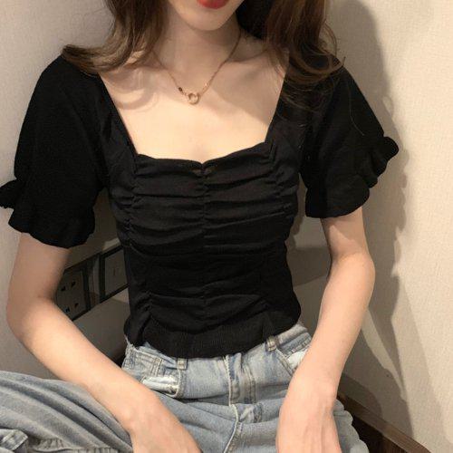 【取寄】カットソー トップス レディース 半袖 二の腕カバー スクエアネック シャーリング 夏新作 シンプル 無地 韓国 ファッション 着回し 合わせやすい 上品 おしゃれ 小顔効果 華奢見え 細見え 可愛い 大人 通勤 通学 オフィス 学生 デイリー カラバリ豊富 黒 白 グリーン