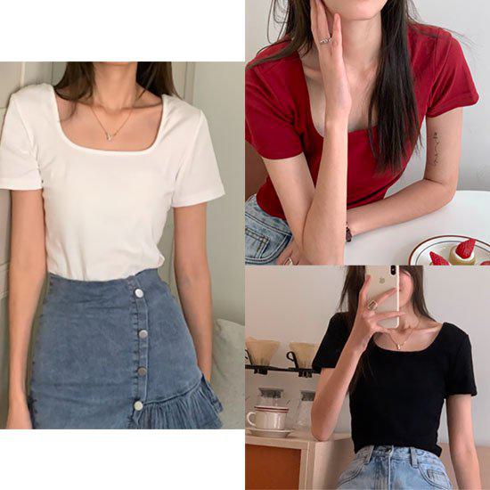 【取寄】Tシャツ レディース 半袖 半袖Tシャツ 大きいサイズ かわいい トップス カットソー 夏新作 シンプル 無地 スクエア 細見え 着痩せ 華奢見え スクエアネック タイトTシャツ スリムTシャツ 夏 おしゃれ セクシー 可愛い 大人 カジュアル ベーシック ホワイト レッド