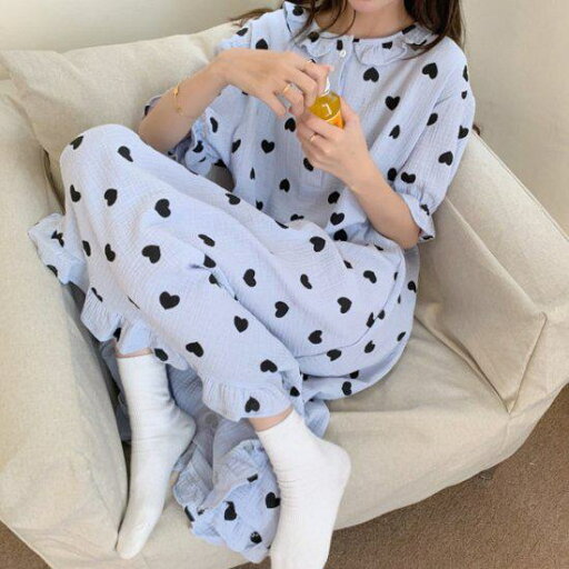 【取寄】レディース ルームウェア パジャマ ワンピース ロング丈 春夏 半袖 ハート柄 フリル 春新作 パジャマ 韓国 ファッション おしゃれ レディースルームウェア レディースパジャマ 寝具 かわいい お泊り おうち時間 リラックス 高級感 寝間着 ブルー ホワイト 体形カバー 【取寄】レディース ルームウェア パジャマ ワンピース ロング丈 春夏 半袖 ハート柄 フリル 春新作 パジャマ 韓国 ファッション おしゃれ レディースルームウェア レディースパジャマ 寝具 かわいい お泊り おうち時間 リラックス 高級感 寝間着 ブルー ホワイト 体形カバー