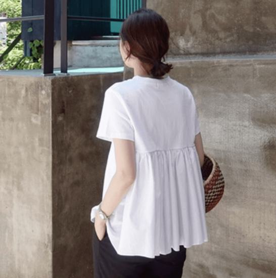 乐天商城 - 【取寄】Tシャツ 大きいサイズ レディース 半袖 半袖Tシャツ 大きいサイズ 着痩せ 細見え 華奢見え かわいい 大人 きれいめ 上品 華やか フェミニン 涼しい ベーシック カジュアル シンプル 無地 バックフレア フレア プルオーバー カットソー 通勤 オフィス 春 夏 新作