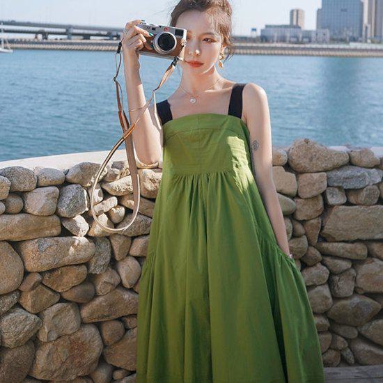【取寄】ロングワンピース レディース マキシ丈 ロングワンピ 夏新作 キャミソール キャミワンピ ワンピース バイカラー リボン コットン 夏 韓国 ファッション おしゃれ ゆったり 体型カバー ふんわり 上品 かわいい 大人 切り替え デート お出かけ グリーン ホワイトのサムネイル