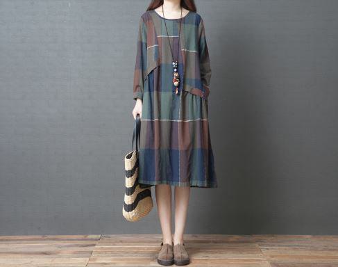 【取寄】ロングワンピース 大きいサイズ 春 夏 ワンピース ロング ワンピースドレス 長袖 ロングワンピ レディース マキシワンピース かわいい おしゃれ カジュアル お出かけ デート 学生 通学 ナチュラル チェック柄 おうち時間 ゆったり リラックス 体型カバー ママコーデ