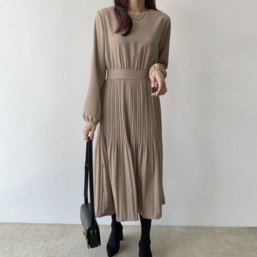 【取寄】ワンピース レディースワンピース レディース ロングワンピース ウエスト切替 スタイルアップ プリーツ加工 ギャザー バルーンスリーブ クルーネック 可愛い おでかけ 女子会 おしゃれ デート ディナー デイリー フォーマル シンプル 無地 きれいめ 高見え 高級感