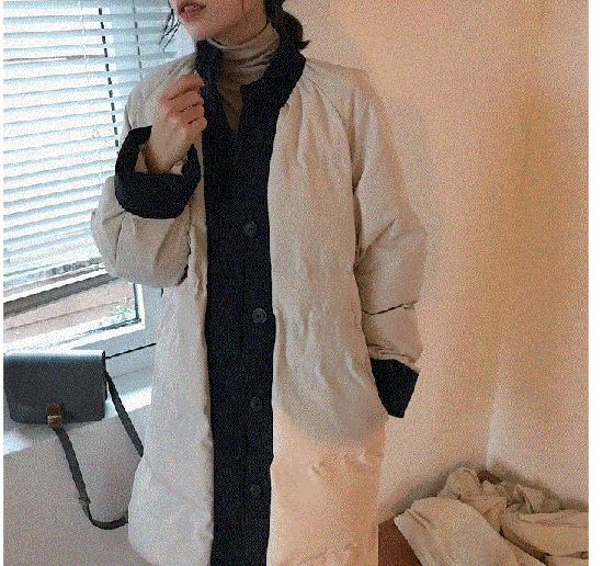 【取寄】ダウンジャケット レディース ダウンコート ロングコート ダウン コート ロング ミディアム ウエストシャーリング バイカラー ボタン 冬 ラグランスリーブ ラウンドネック かわいい おしゃれ お出かけ デート デイリー ママコーデ 無地 シンプル きれいめ 上品