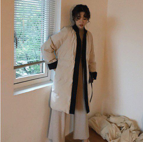 【取寄】ダウンジャケット レディース ダウンコート ロングコート ダウン コート ロング ミディアム ウエストシャーリング バイカラー ボタン 冬 ラグランスリーブ ラウンドネック かわいい おしゃれ お出かけ デート デイリー ママコーデ 無地 シンプル きれいめ 上品