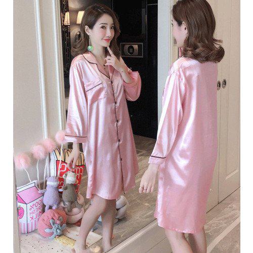 【取寄】ルームウェア レディース パジャマ 寝巻き 部屋着 大きいサイズ ワンピース 長袖 かわいい 開襟 シンプル 配色パイピング 高級感 きれいめ 上品 サテン おしゃれ ネグリジェ ナイトウエア お泊まり 旅行 出張 ゆったり 体型カバー 楽ちん リラックス 5XL おうち