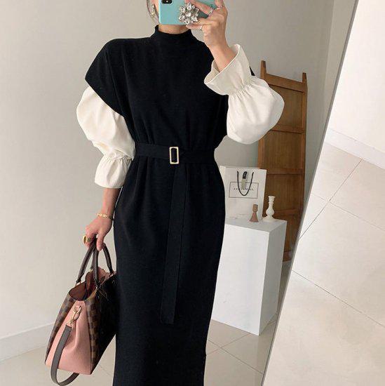 Rakuten - 【取寄】ワンピース ロング レディース 長袖 黒 大きいサイズ きれいめ ミモレ丈 大人 ブラウス ワンピース ロング レディース 長袖 黒 大きいサイズ きれいめ ミモレ丈 大人 ブラウス セット ベルト