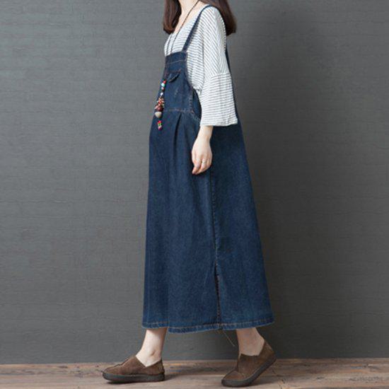 【取寄】ジャンパースカート レディース ロング サロペット スカート レディース ワンピース シンプル カジュアル 体型カバー おしゃれ 無地 デニム ブルー 青 春 夏 定番 ロング丈 ミモレ丈