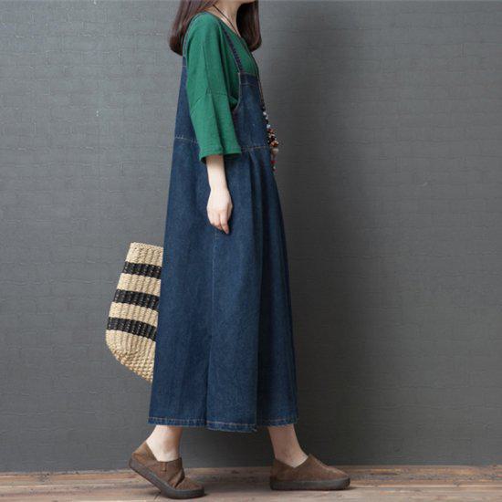 【取寄】ジャンパースカート レディース ロング サロペット スカート レディース ワンピース シンプル カジュアル 体型カバー おしゃれ 無地 デニム ブルー 青 春 夏 定番 ロング丈 ミモレ丈