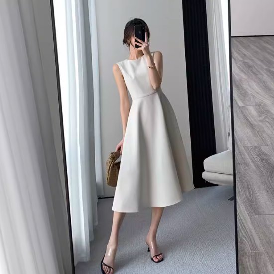 【取寄】パーティードレス レディース 結婚式ドレス 演奏会ドレス ワンピースドレス ミドル丈ワンピース ノースリーブワンピース ラウンドネック ハイウエスト Aライン フレアスカート きれいめ エレガント