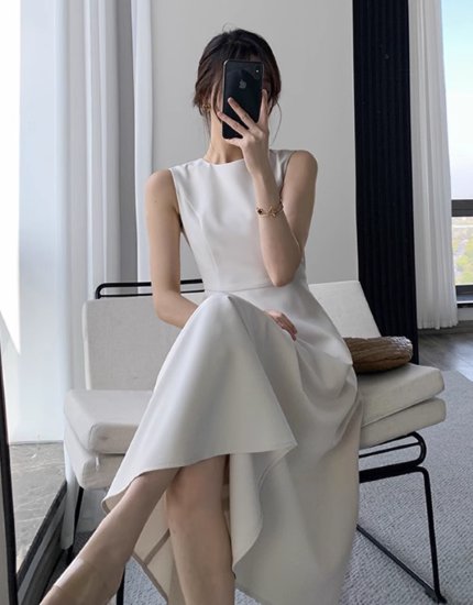 【取寄】パーティードレス レディース 結婚式ドレス 演奏会ドレス ワンピースドレス ミドル丈ワンピース ノースリーブワンピース ラウンドネック ハイウエスト Aライン フレアスカート きれいめ エレガント