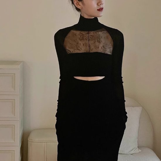 【取寄】パーティードレス レディース 結婚式ドレス 演奏会ドレス ワンピースドレス ロングドレス ロングワンピース ハイネック シースルー メッシュ カットアウトデザイン 長袖 ハイウエスト きれいめ 女性