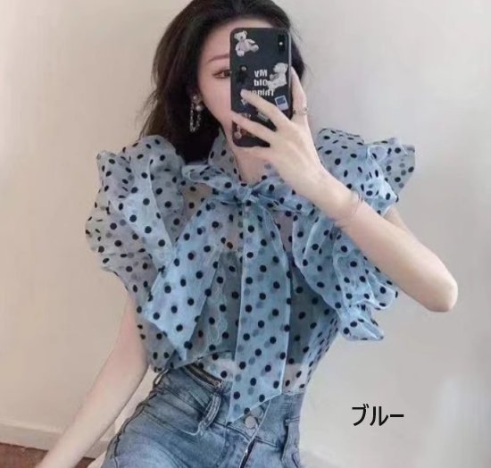 【取寄】シフォンブラウス レディース トップス シフォンシャツ ドット柄 水玉 リボンタイ フリル袖 立体的 ボリューム 個性的 キュート 可愛い カジュアル お出かけ おしゃれ きれいめ フェミニン 女性