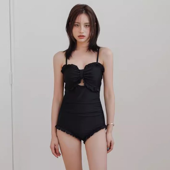 Two-Piece - 【取寄】ワンピース水着 レディース 水着 スイムウェア ビーチウェア 夏 海 プール バカンス 海水浴 フリル 可愛い 背中開き 細ストラップ カジュアル 黒 ブラック バックリボン 体型カバー おしゃれ