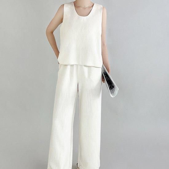 【取寄】セットアップ レディース パンツ きれいめ ワイドパンツ フレンチスリーブ ブラウス ゆったり ノースリ ワイド トップス ボトム 夏 春 体型カバー パンツドレス きれいめ トップス ノースリーブ