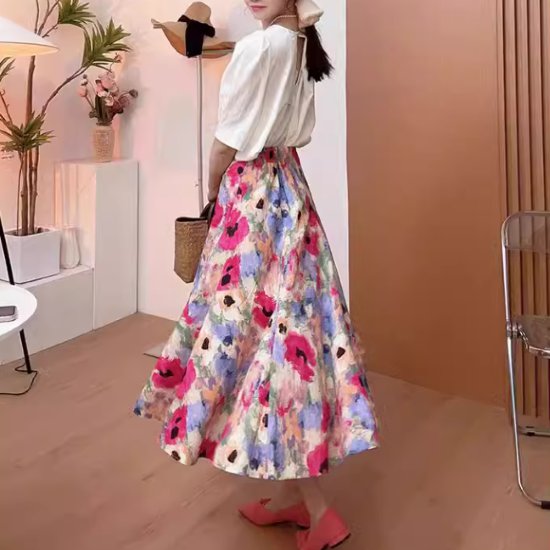 Rakuten - 【取寄】ロングスカート レディース ボトムス スカート ミモレ丈スカート ハイウエスト 花柄 フラワー フローラル Aライン フレアスカート きれいめ エレガント カジュアル お出かけ おしゃれ ファッション