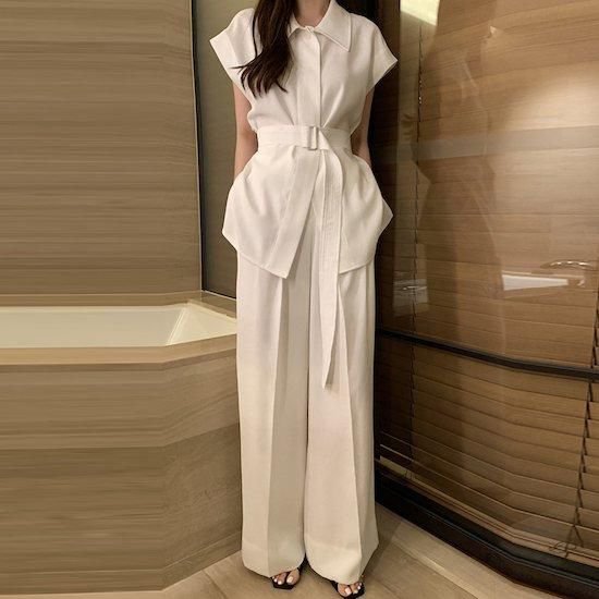 【取寄】セットアップ フレンチスリーブシャツ ワイドパンツ レディース ベルト ワイドパンツ ベルト付..