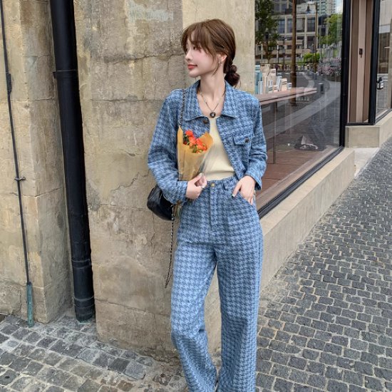 【取寄】セットアップ レディース 上下セット 2点セット ツーピース デニム調 ジャケット 羽織 ショート丈 襟あり フロントボタン 長袖 ボトムス ロングパンツ ハイウエスト カジュアル お出かけ おしゃれ