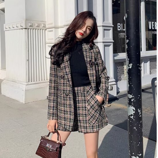 【取寄】セットアップ レディース 2点セット ツーピース パンツスーツ ジャケット 羽織 スーツ襟 ダブルブレスト ボトムス ショートパンツ チェック柄 カジュアル お出かけ おしゃれ きれいめ ファッション