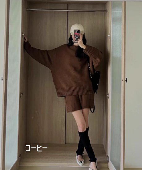 【取寄】セットアップ レディース 上下セット ツーピース 2点セット ニット トップス セーター 長袖 ラウンドネック プルオーバー ボトムス ショートパンツ カジュアル お出かけ おしゃれ ファッション